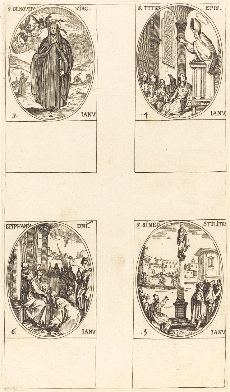 St Genevieve; St Titus; St Simeon Stylites; uppenbarelse av Jacques Callot