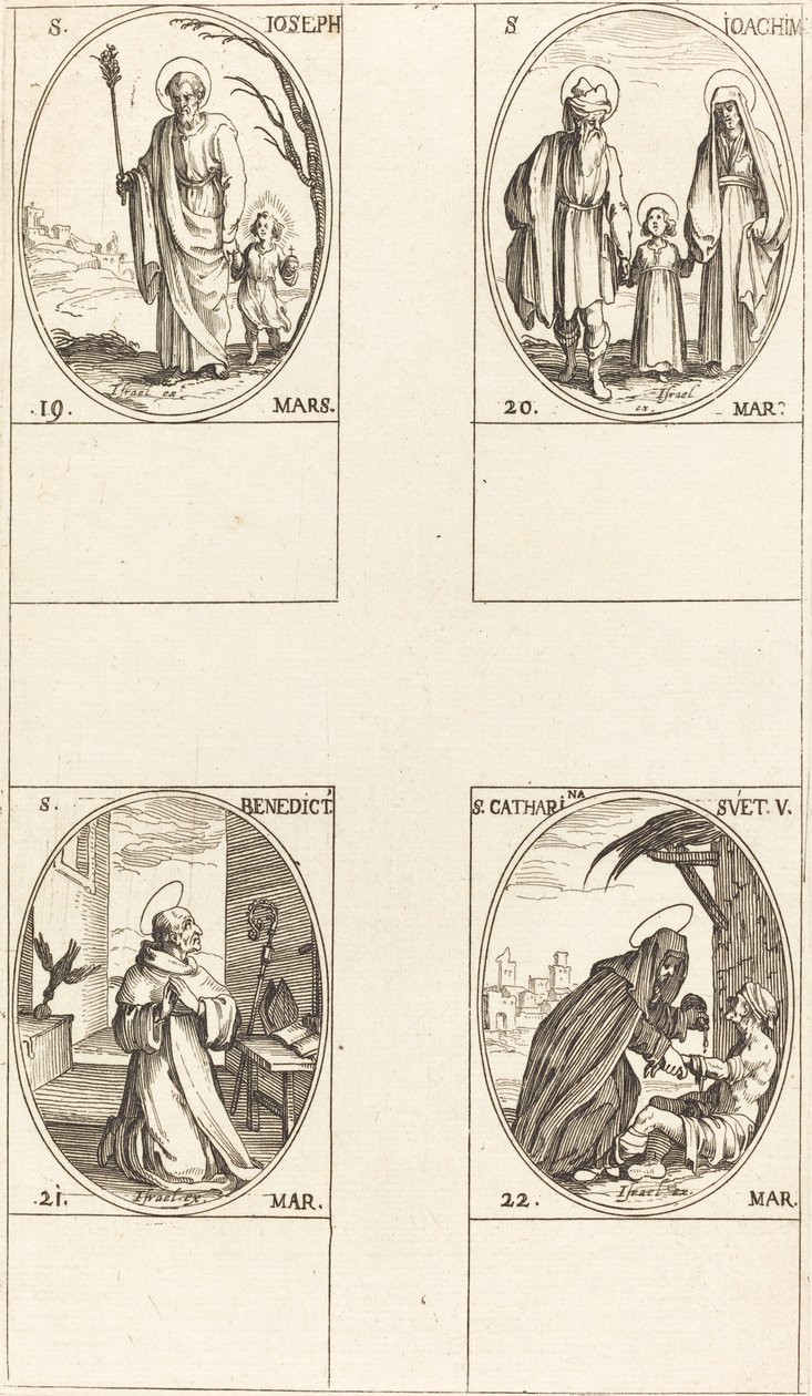 S:t Josef, St. Joachim, St. Benedikt, Abbot, St. Catharine av Sverige. av Jacques Callot