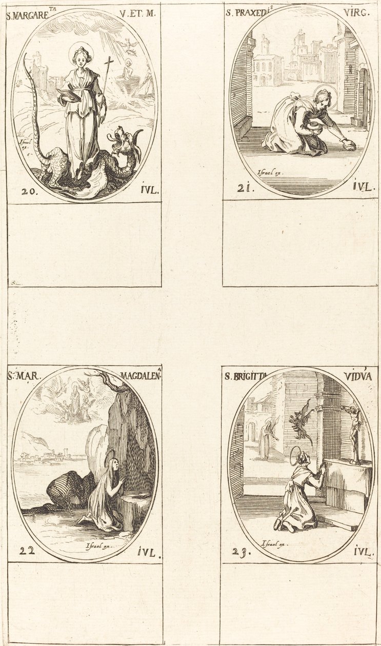 St. Margareta av Antiochia; St Praxedes; S:ta Maria Magdalena; S:ta Birgitta av Sverige av Jacques Callot