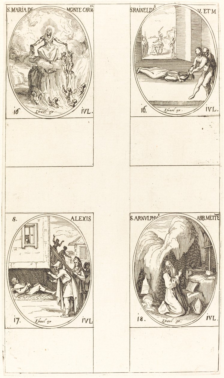 St. Mary av Mont Carmel; S:t Raineldis; St. Alexis; St Arnold av Metz av Jacques Callot