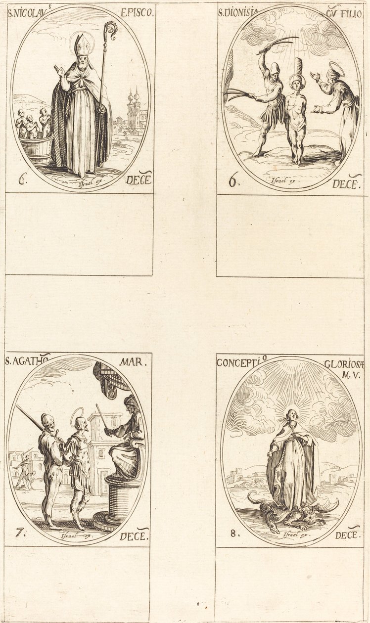 St Nicholas; S:t Dionisia och Son; St Agatha; Befruktningen av jungfrun av Jacques Callot
