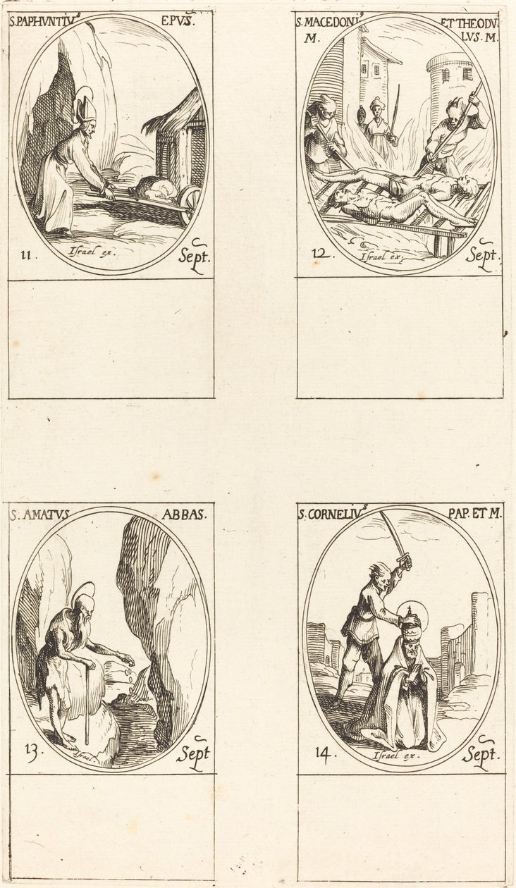 St. Paphnutius; helgon Macedonius och Theodulus; St. Älskade; St. Cornelia av Jacques Callot