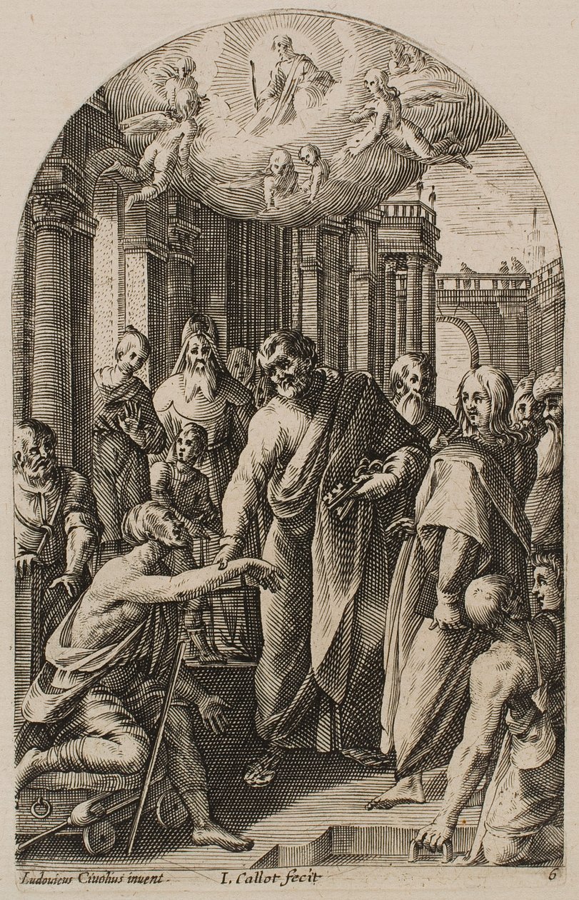 S:t Petrus och S:t Johannes botar den lame vid tempelporten, ur serien ”Bilder från Rom” av Jacques Callot