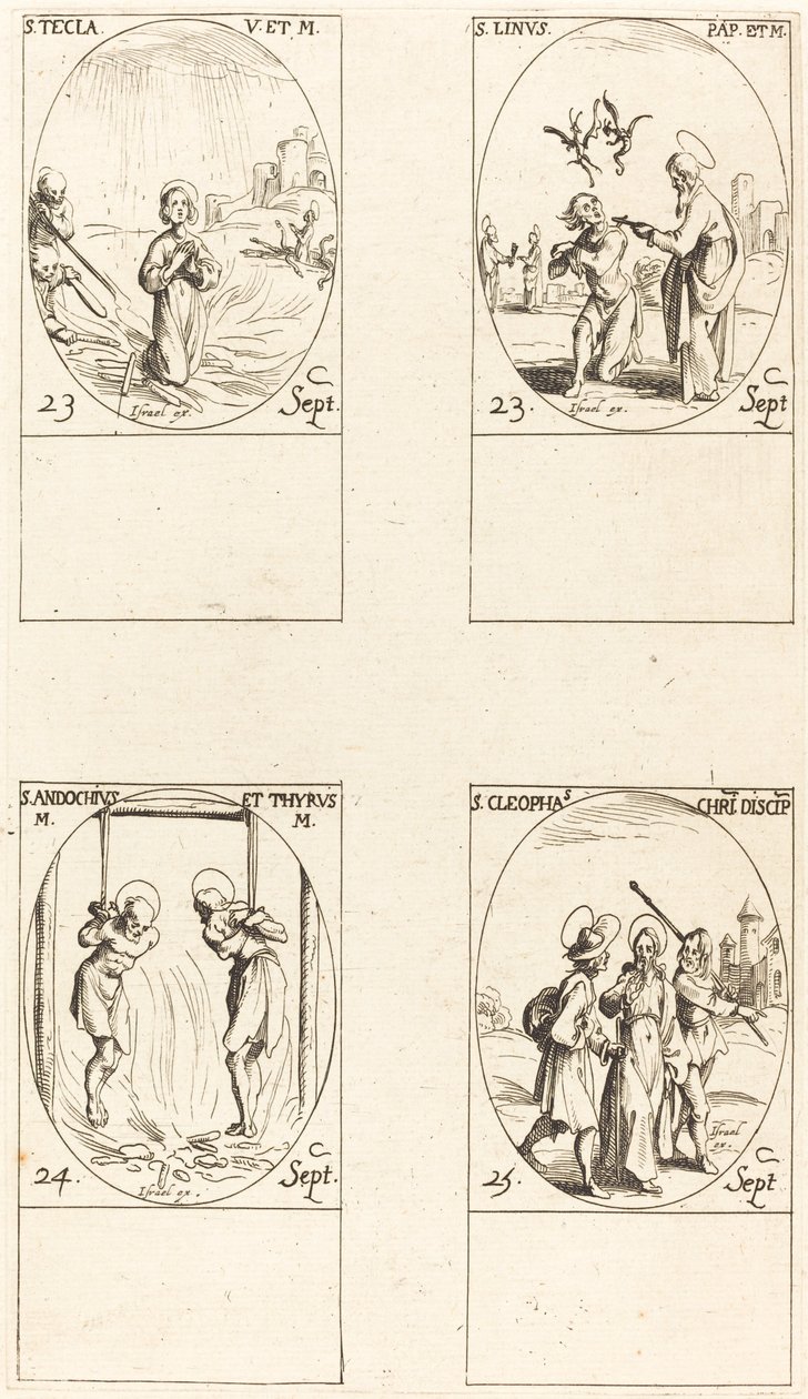 St. Thecla; St. Lin; helgon Andochius och Thyrsus; St. Cleophas av Jacques Callot