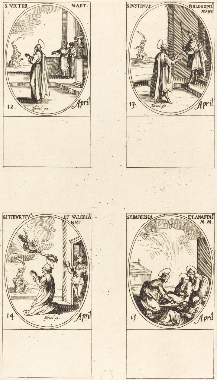 St. Segrare; St. Precis inkommet; helgon Tiburtius och Valeriana; helgon Basilissa och Anastasia av Jacques Callot