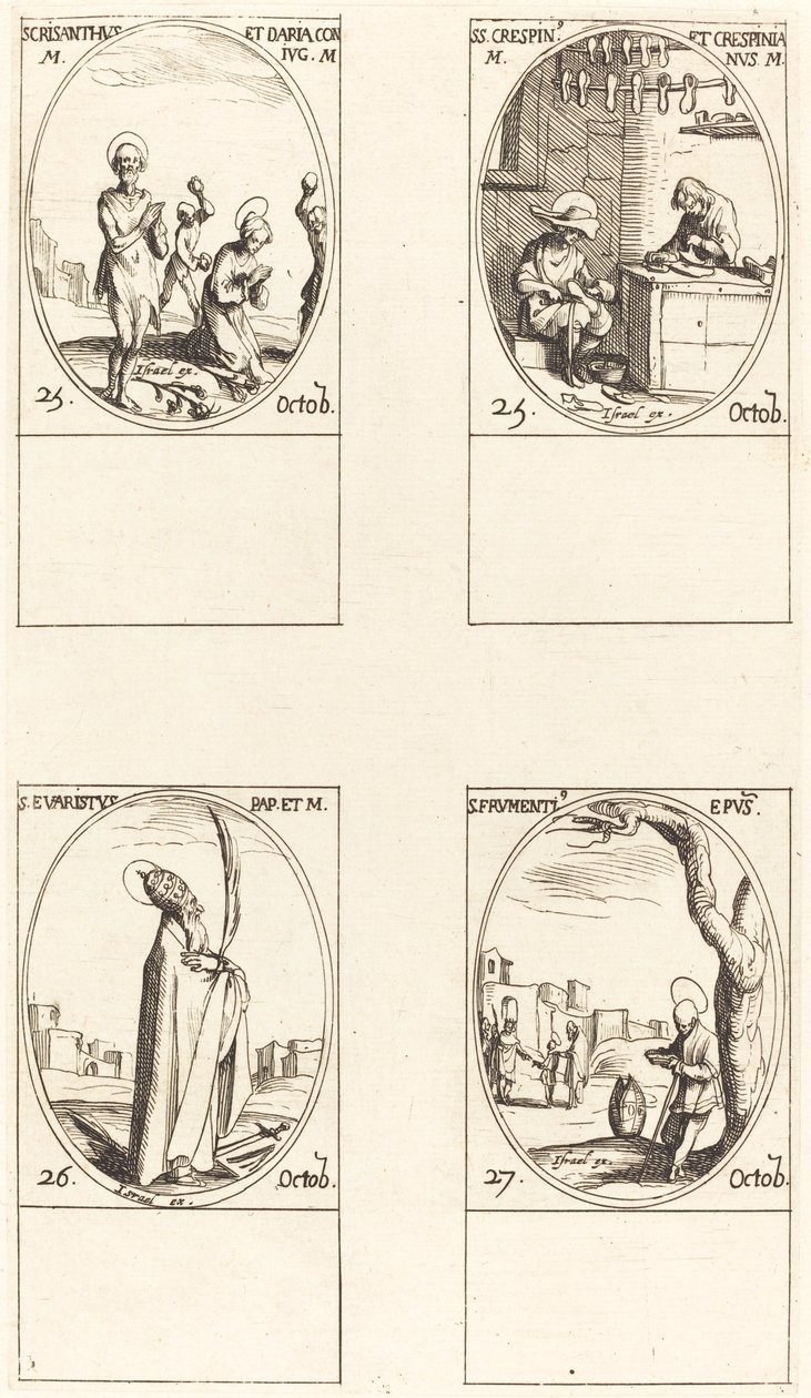 Sts. Chrysanthus och Daria, Sts. Crispin och Crispinianus, St Evaristus, St Frumentius. av Jacques Callot