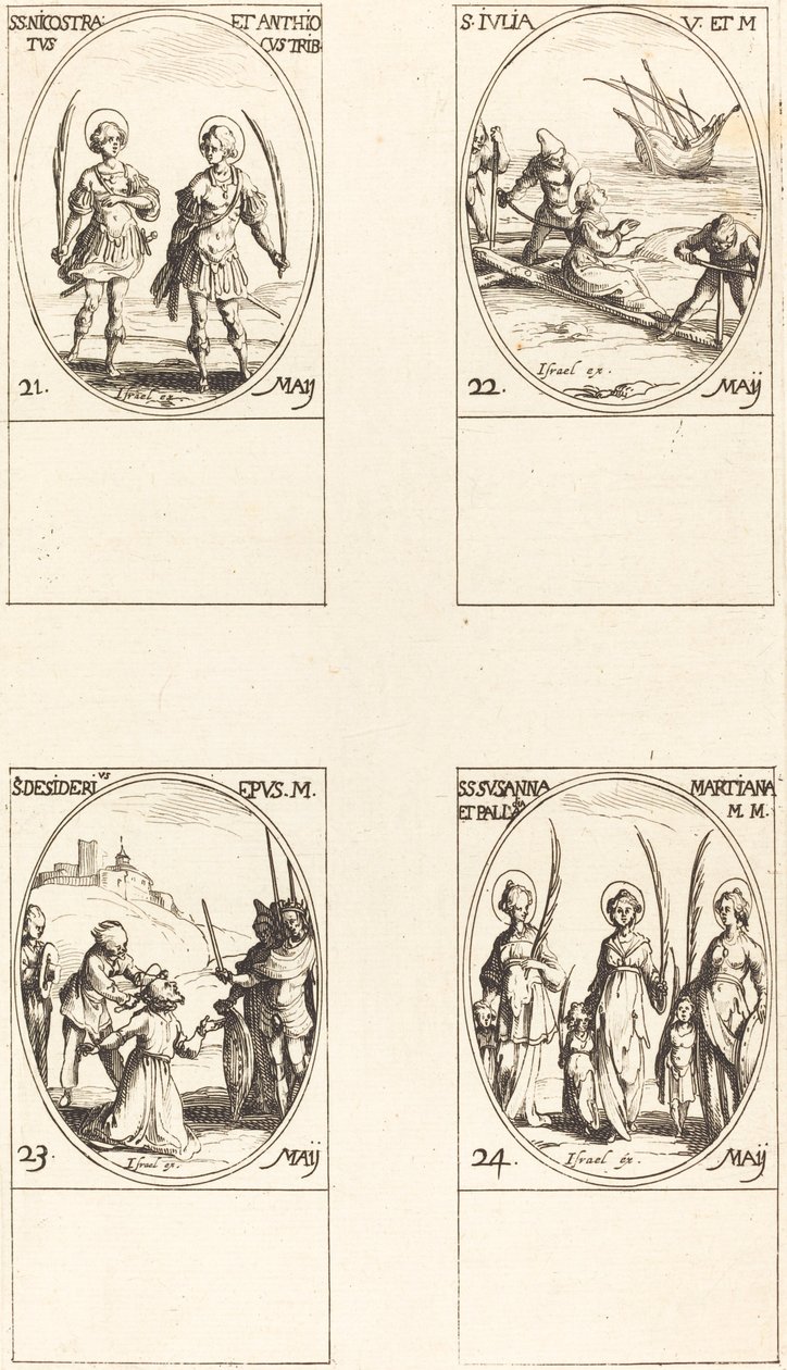 helgon Nicostratus och Antiochus; St. Julia; St. Önskan; helgon Susanna, Palladia, an av Jacques Callot