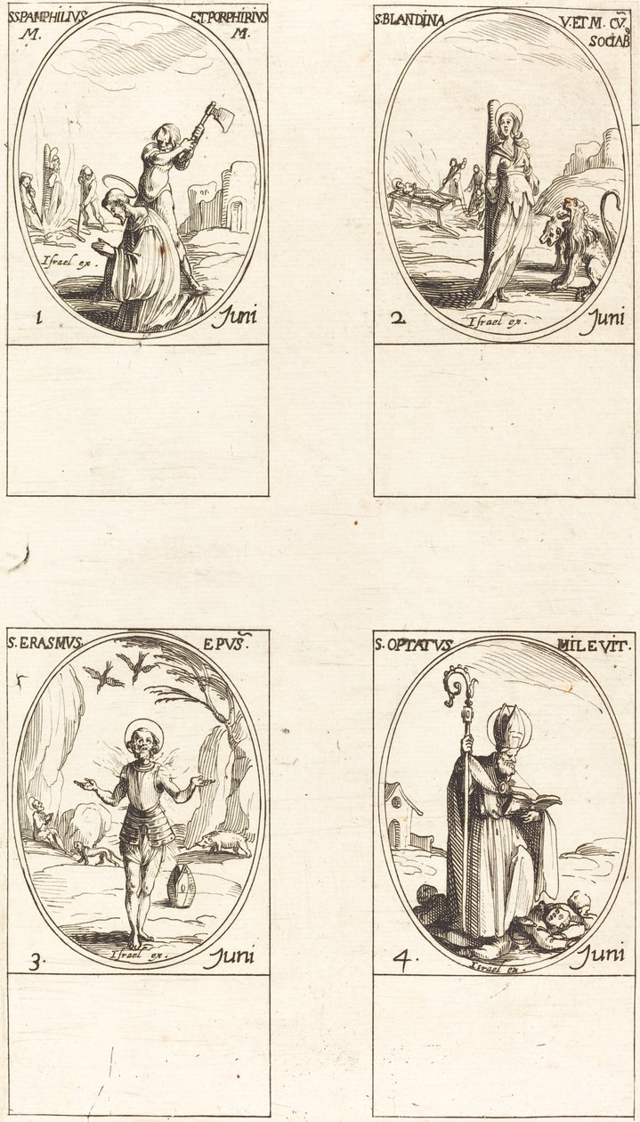 helgon Pamphilius och Porphyry; St. Blandine och följeslagare; St. Erasmus; St. Önskat sig av Jacques Callot