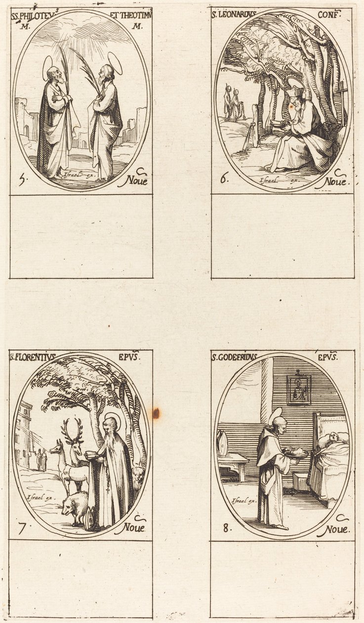 Sts. Philoteus och Theotimus, St. Leonard, St. Florentinus, St. Godfrey. av Jacques Callot