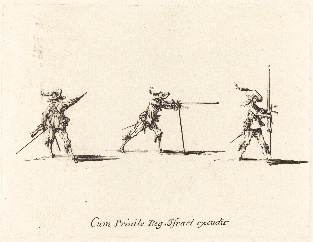 Inta skjutpositionen med musköten av Jacques Callot
