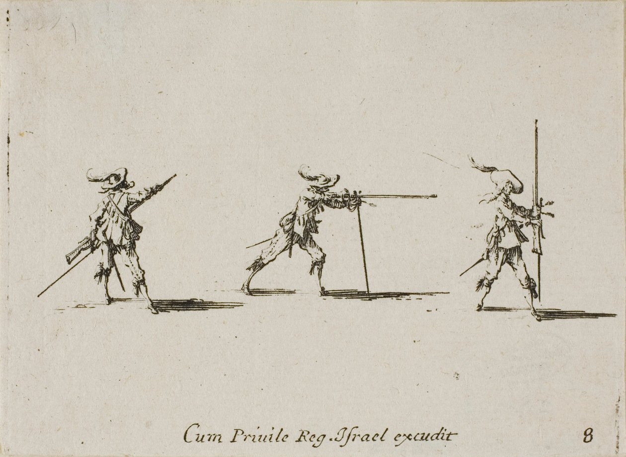 Ta skjutpositionen med musköten, skylt åtta från The Military Exercises av Jacques Callot