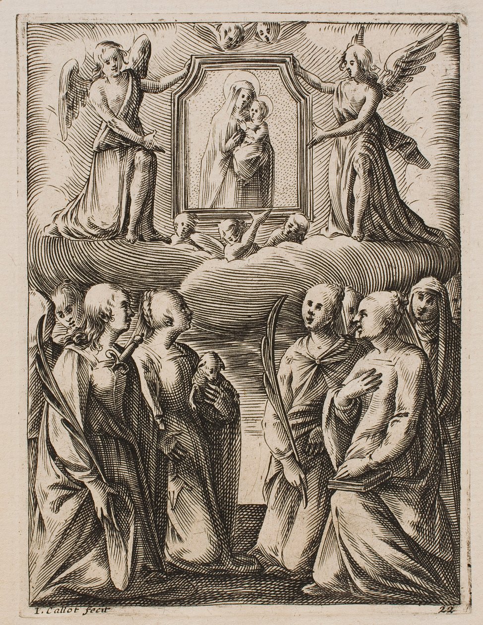 Jungfrun och barnet tillbeds, ur serien ”Bilder från Rom” av Jacques Callot