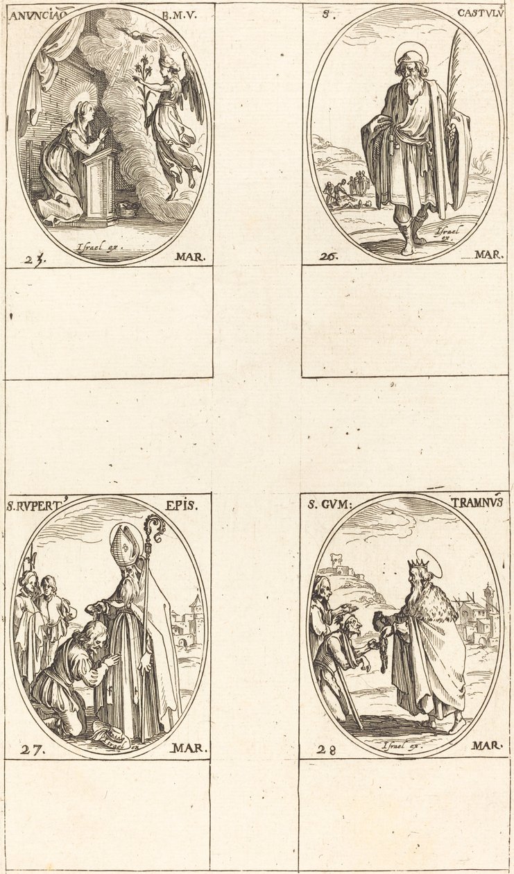 Bebådelsen, St. Castulus, St. Rupert, St. Gontran. av Jacques Callot