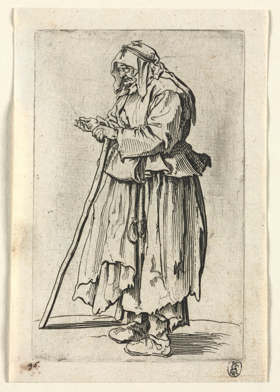 Tiggarna: Tiggarkvinna som kommer för att ta emot allmosor, ca. 1623. av Jacques Callot