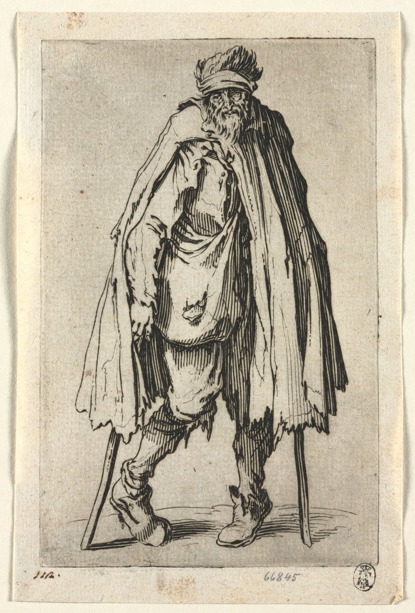 Tiggarna: Tiggare på kryckor med en väska, ca. 1623. av Jacques Callot