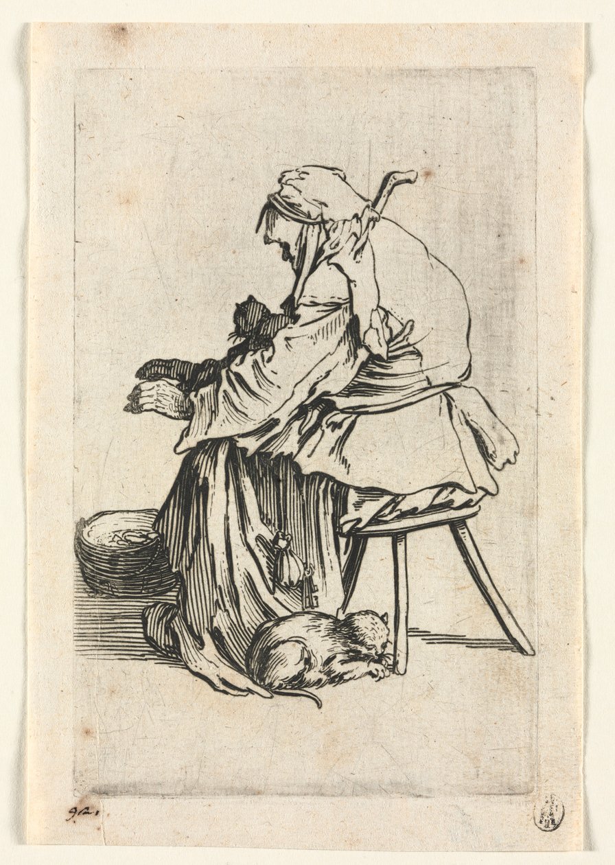 Tiggarna: Gammal kvinna och katter, ca. 1623. av Jacques Callot
