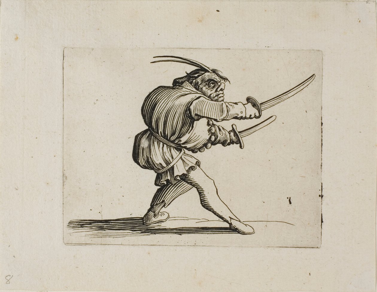Duelisten med två svärd, från Varie Figure Gobbi av Jacques Callot