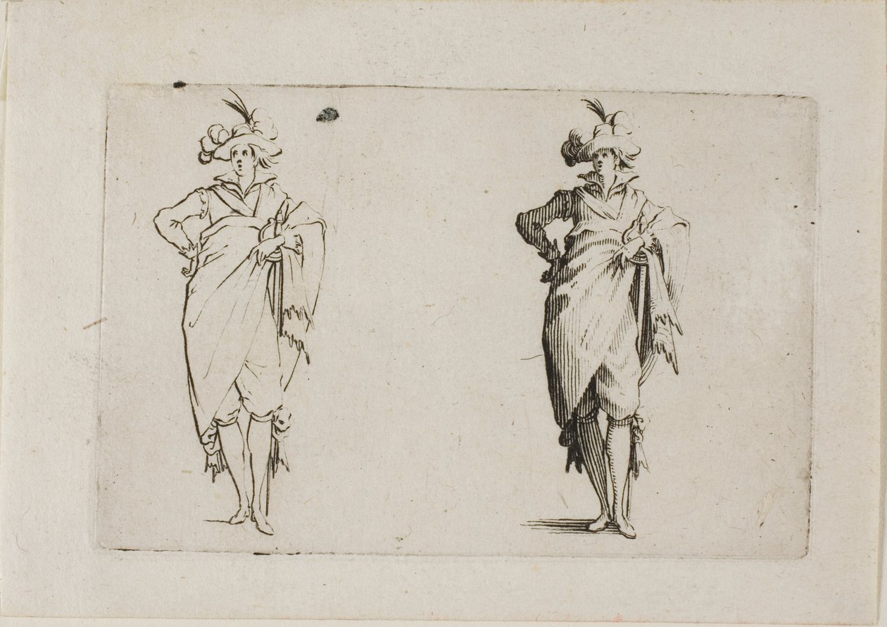 The Gentleman sett framifrån, med sin högra hand på höften, från The Caprices av Jacques Callot