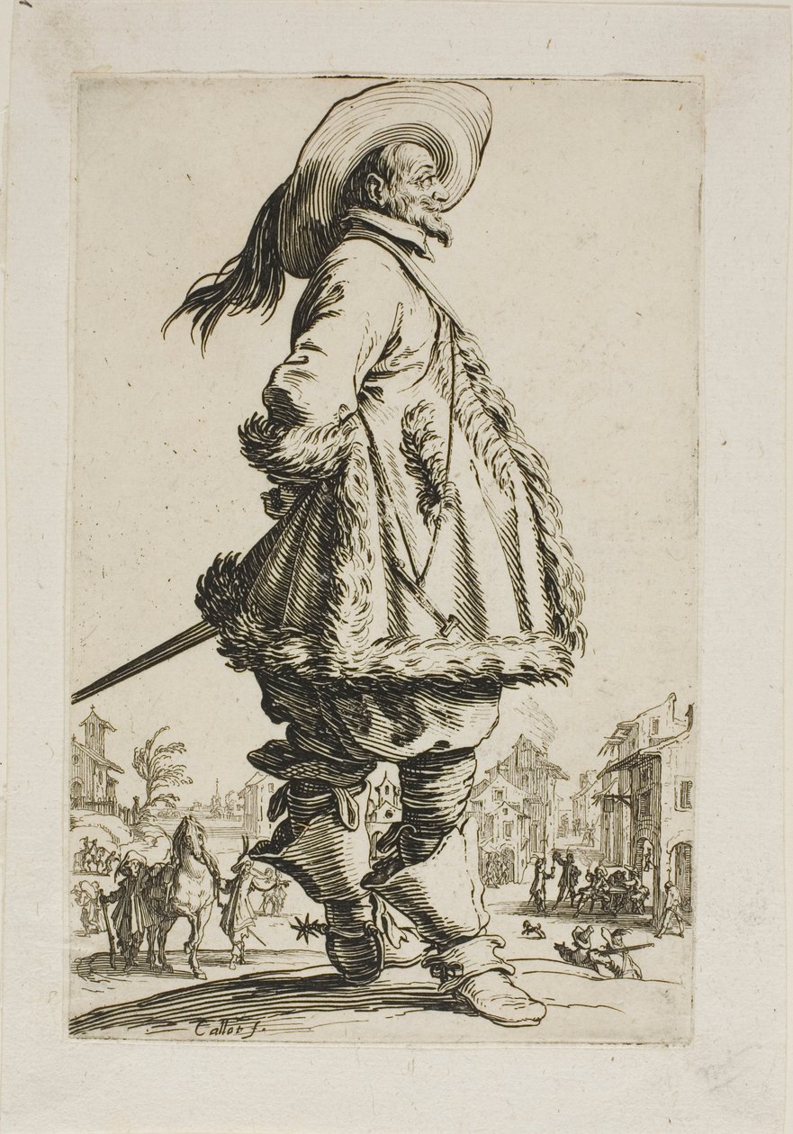 The Gentleman i en pälsklippt mantel, håller händerna bakom ryggen, tallrik sju från La Noblesse av Jacques Callot