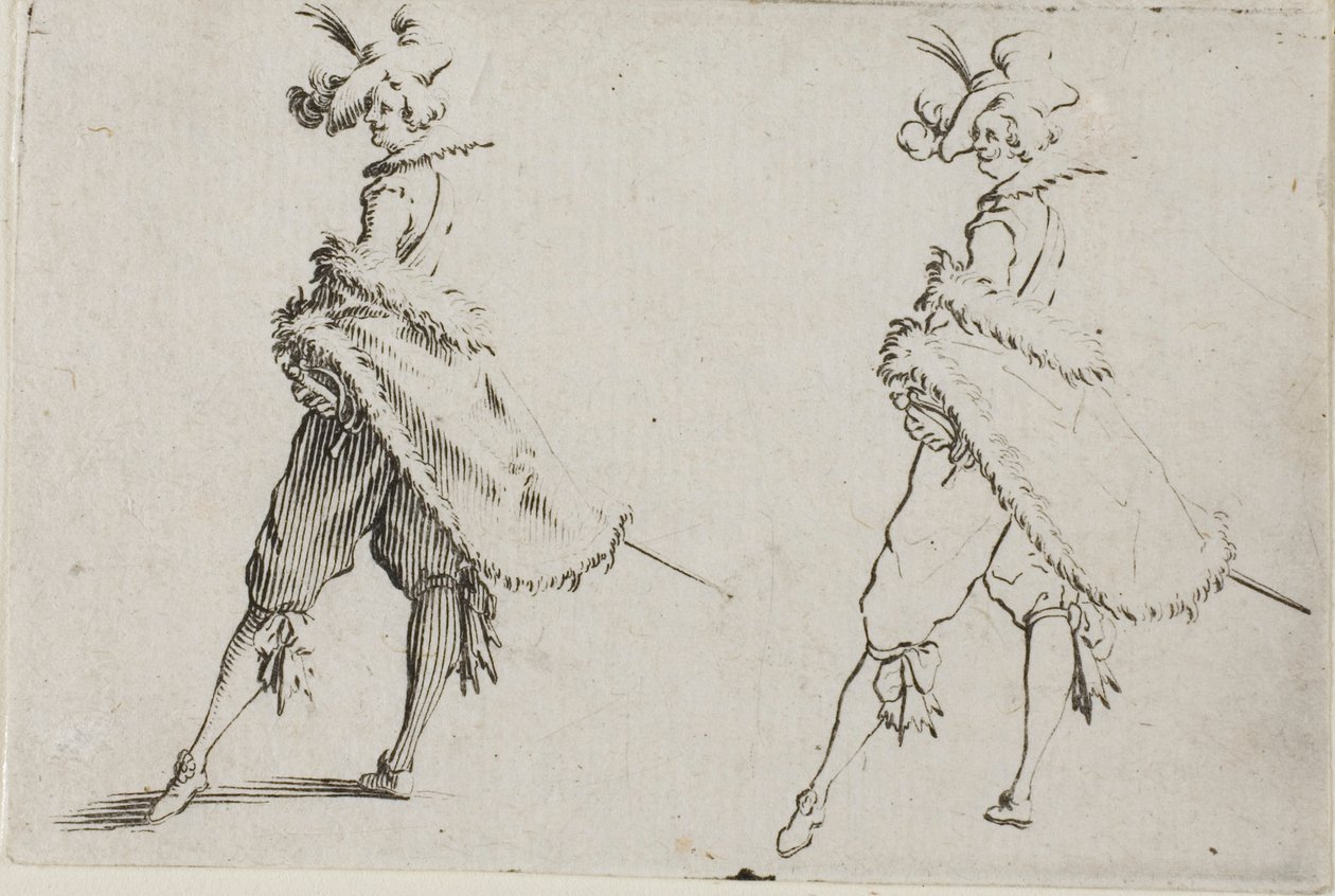 The Gentleman with a Coat, poserar med händerna på höfterna, från The Caprices av Jacques Callot