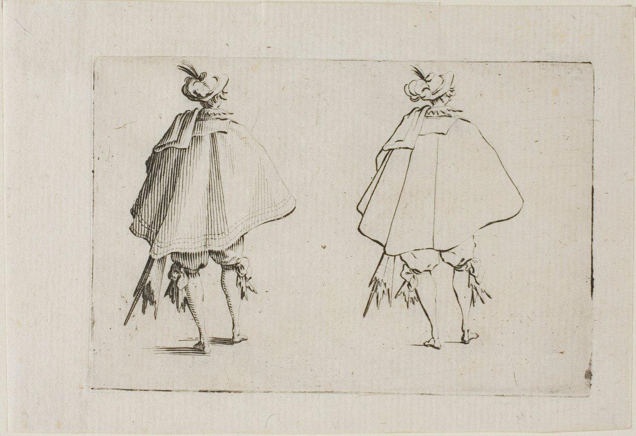 The Gentleman with a Large Coat, sett bakifrån, från The Caprices av Jacques Callot
