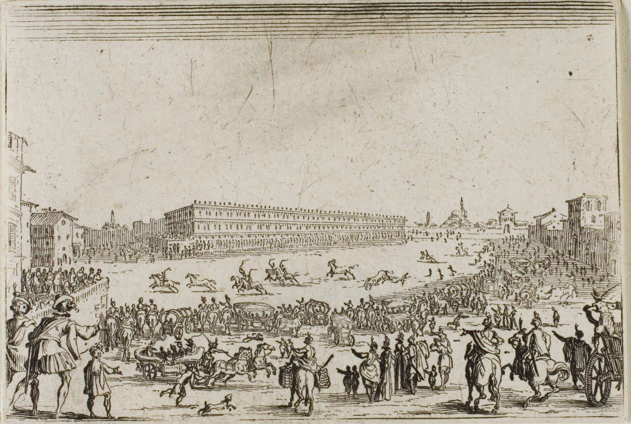 Hästkapplöpningen på Pitti-palatset, i Florens, från The Caprices av Jacques Callot