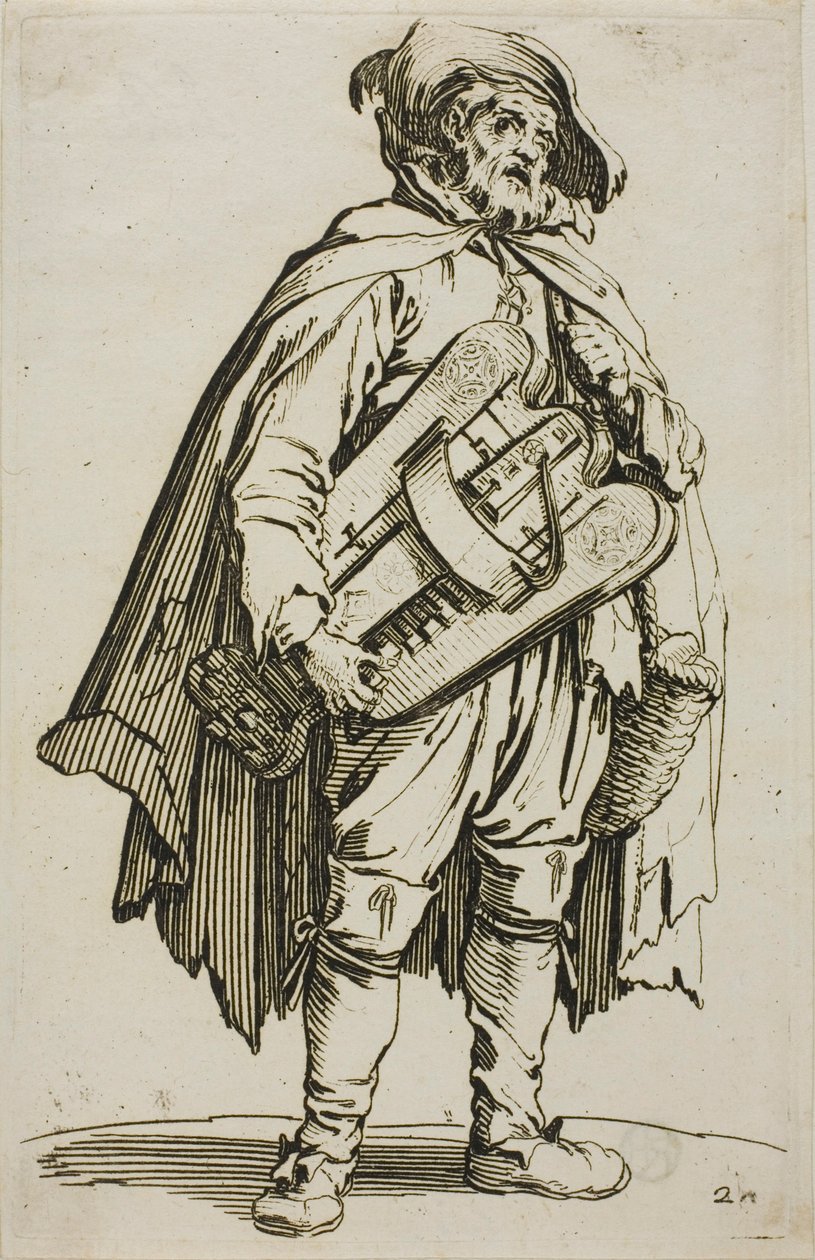 Hurdy-Gurdy Player, tallrik två från The Beggars av Jacques Callot
