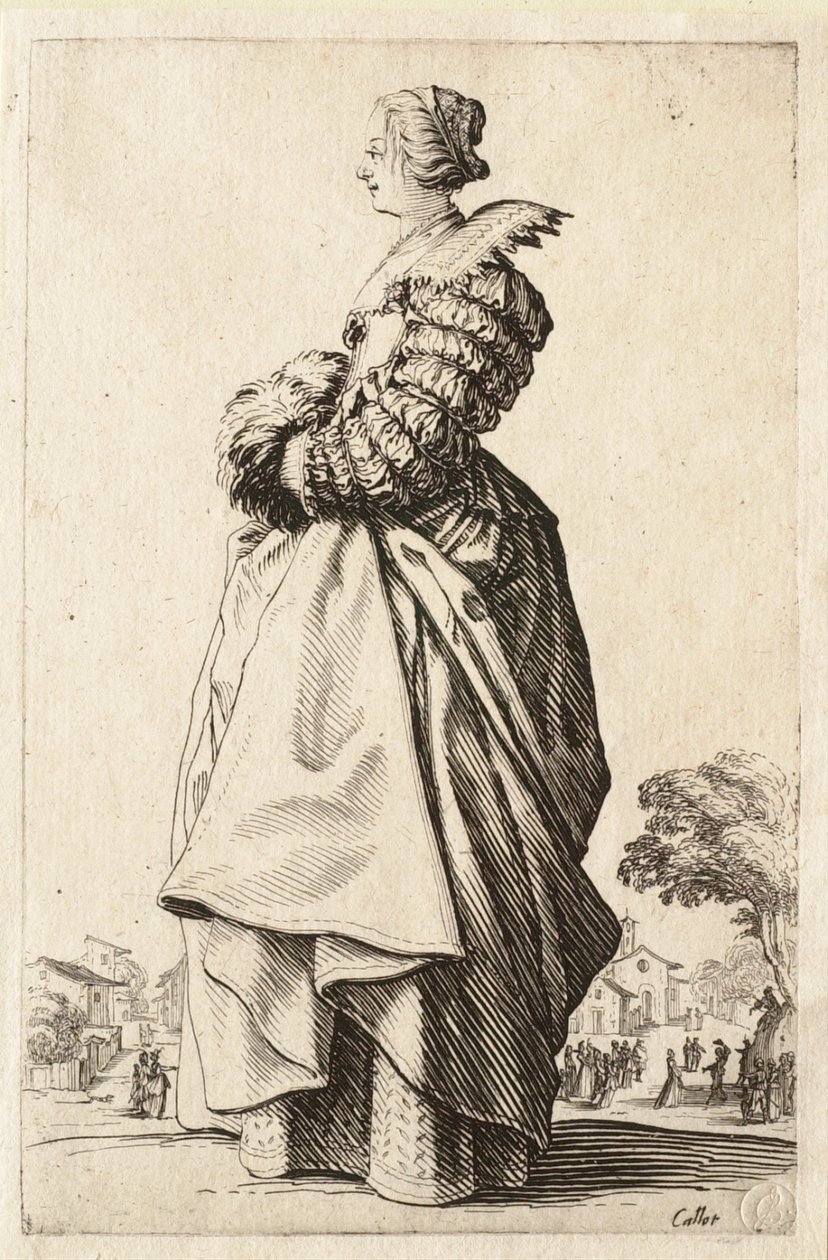 Damen i profil med händerna i muffen av Jacques Callot