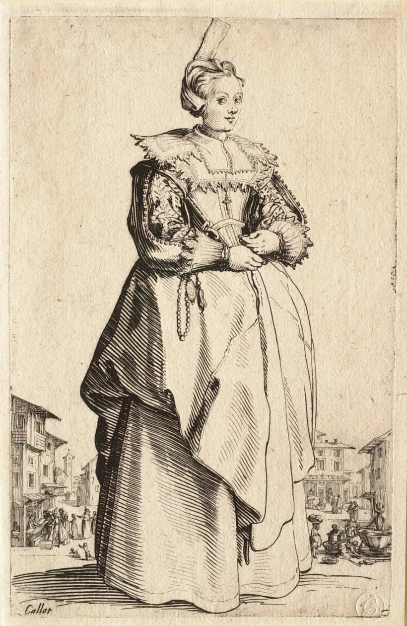 Damen med den lilla huvudbonaden uppdragen bakåt (La Dame à la petite coiffe relevée en arrière) av Jacques Callot