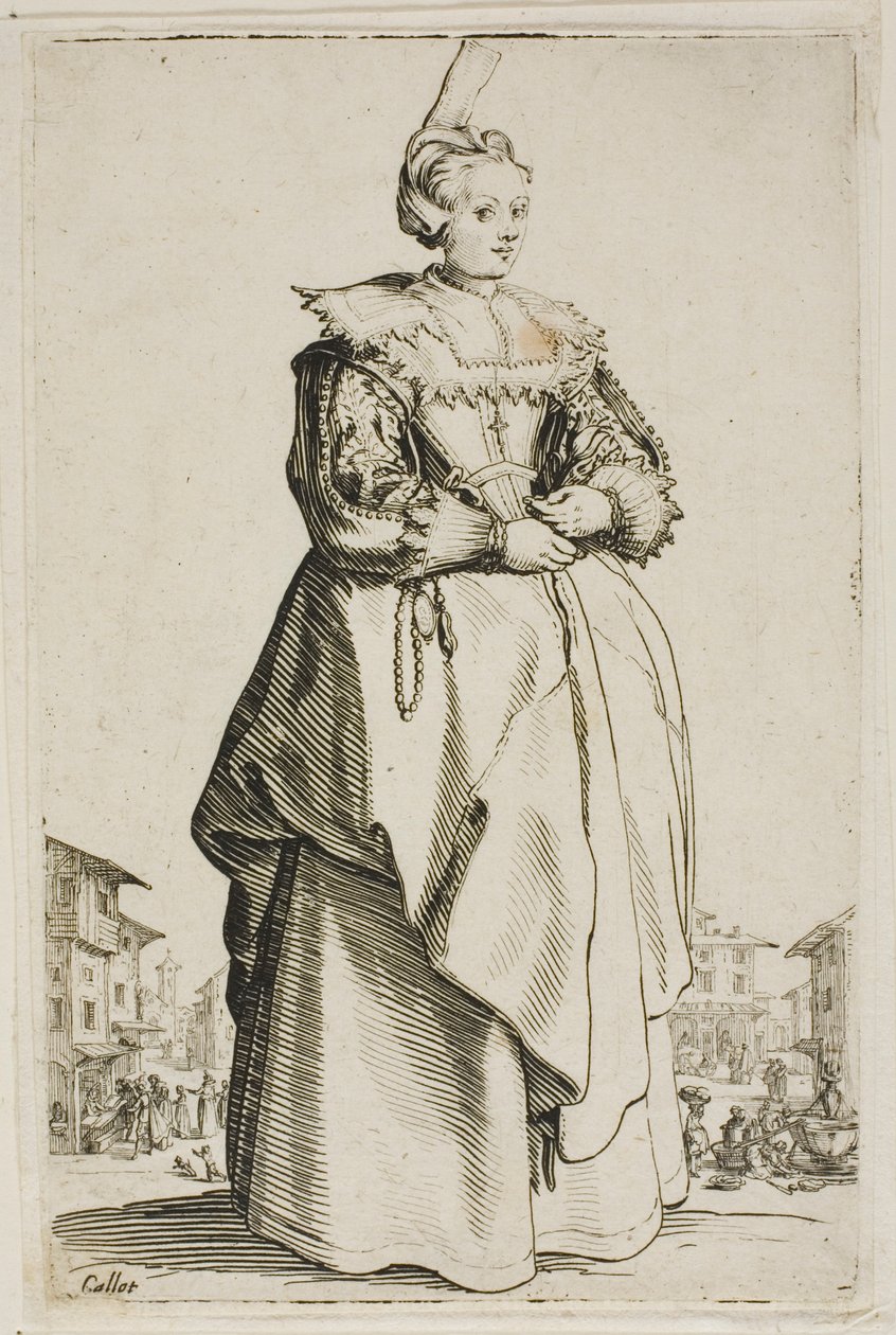 Damen med den lilla upphöjda mössan, plansch ett från La Noblesse av Jacques Callot
