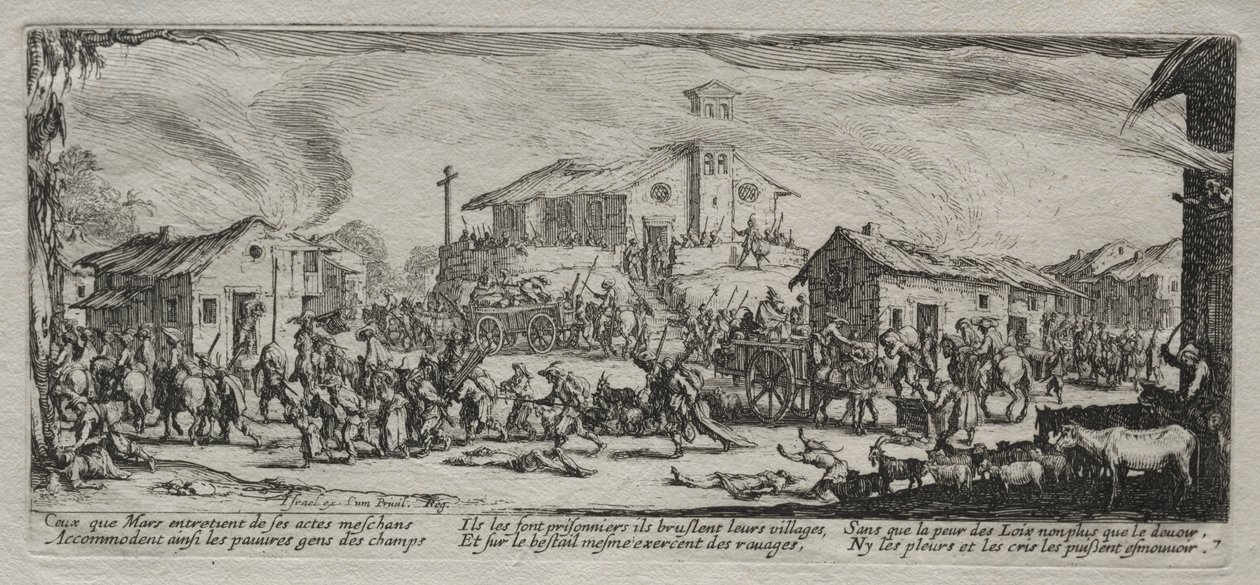 Krigets stora elände: Plundring och bränning av en by av Jacques Callot