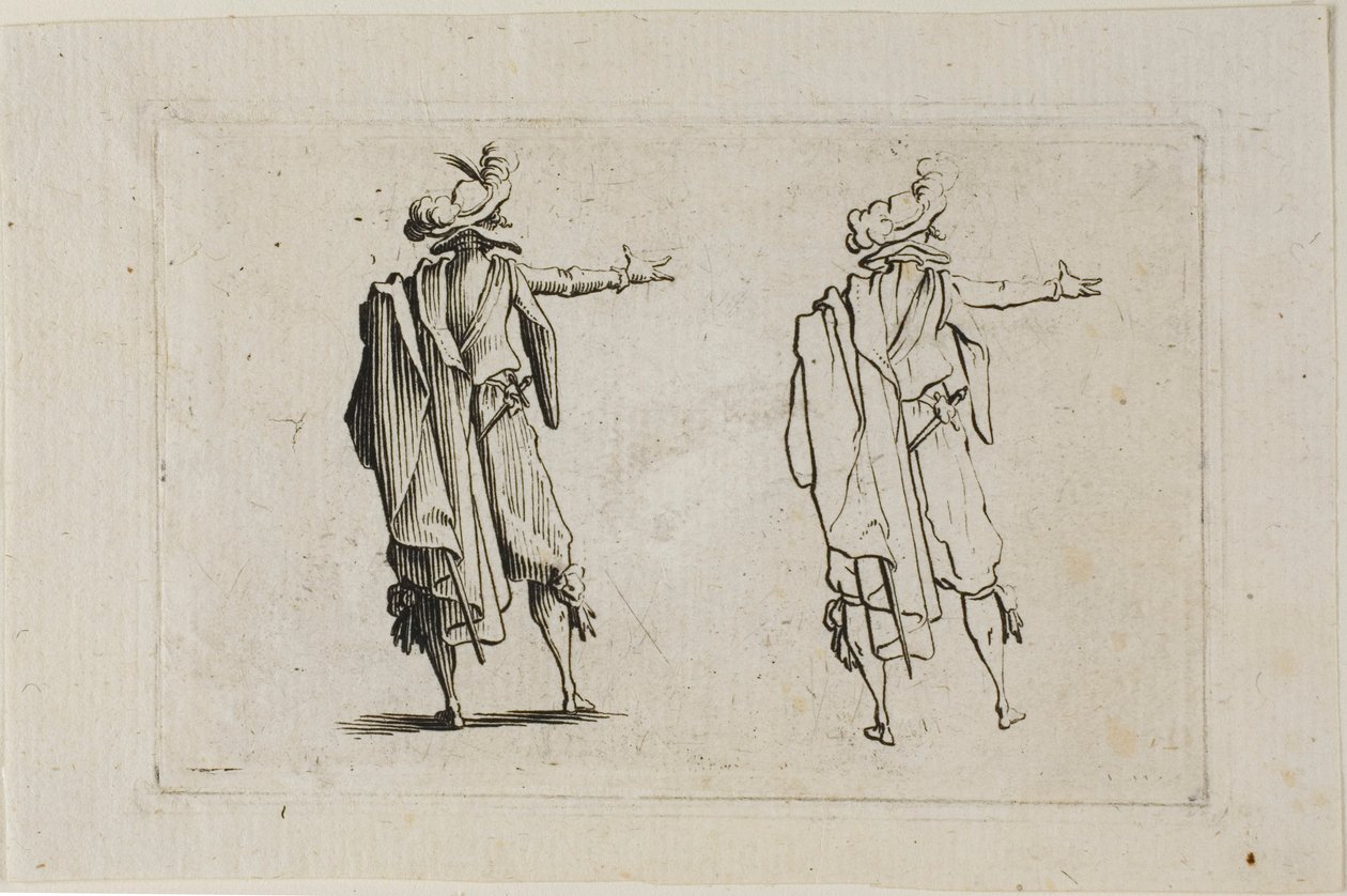 Mannen sedd bakifrån, högerarm upphöjd, från The Caprices av Jacques Callot