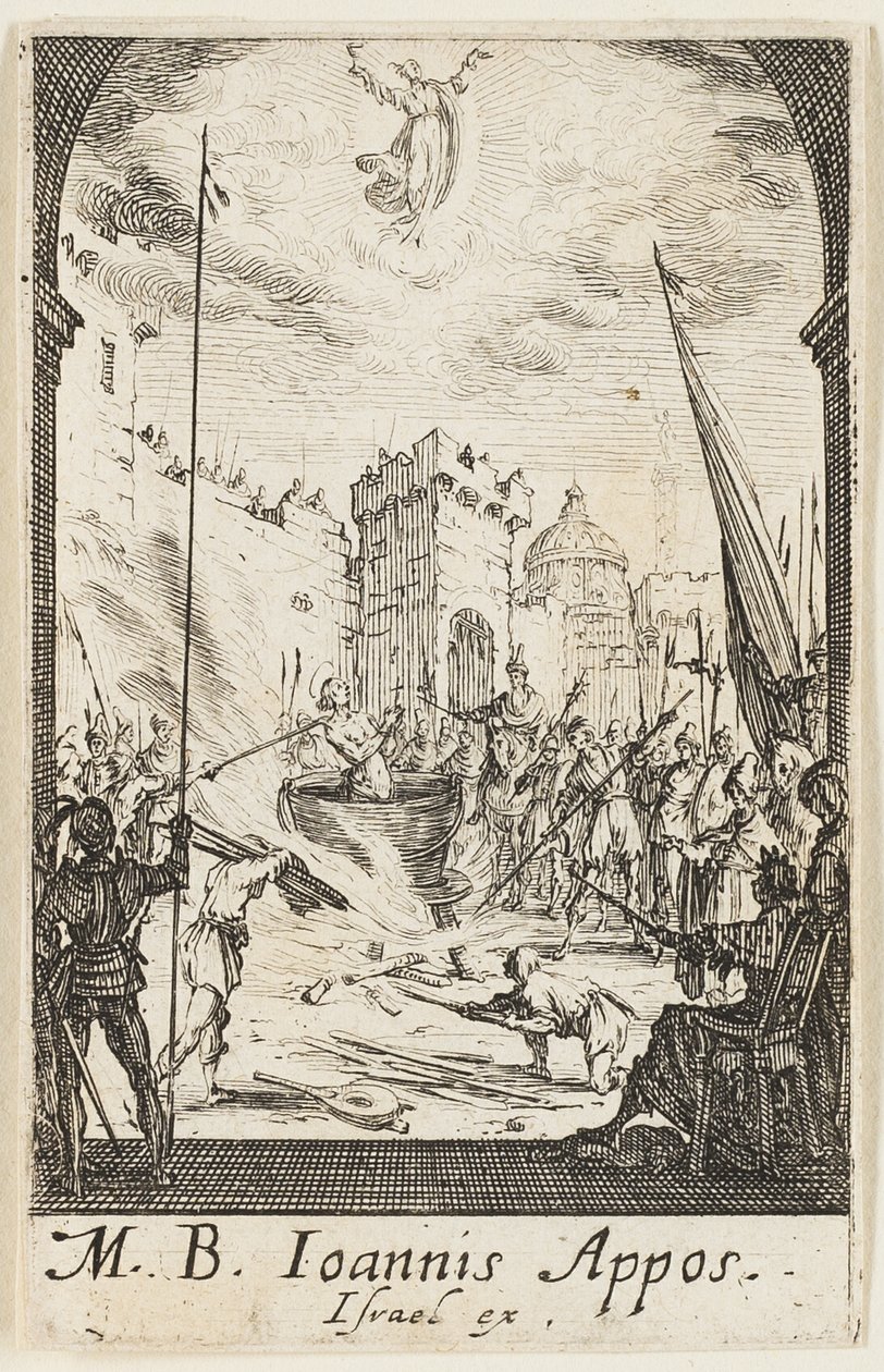 Johannes evangelistens martyrdöd, plansch fem ur Apostlarnas martyrdöd av Jacques Callot