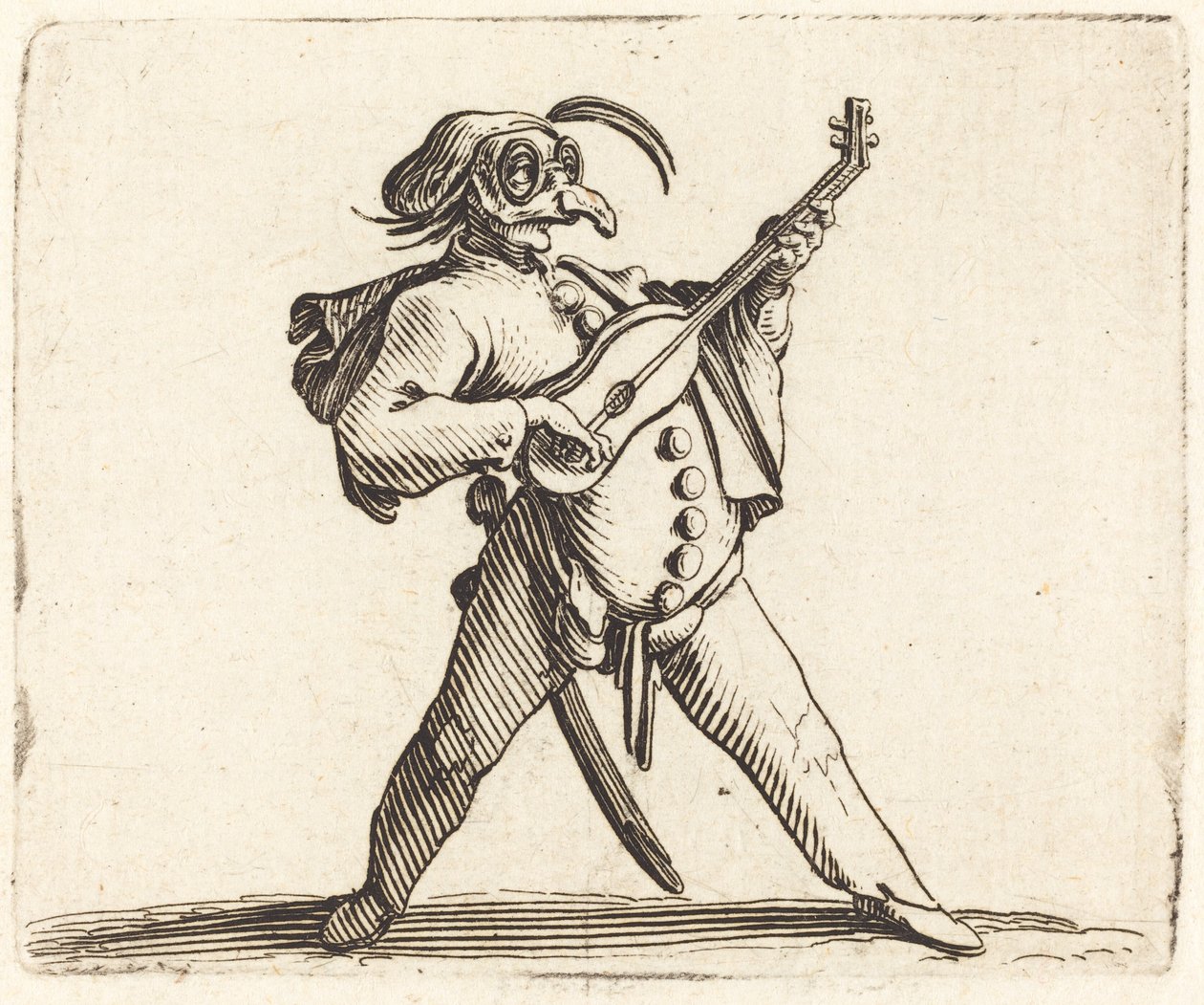 Den maskerade komikern som spelar gitarr av Jacques Callot