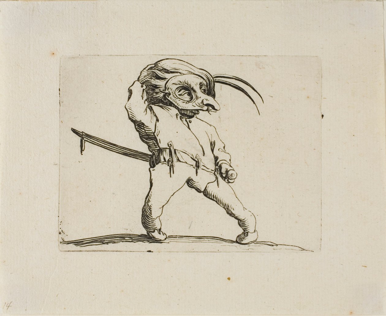 Den maskerade mannen med vridna ben, från Varie Figure Gobbi av Jacques Callot