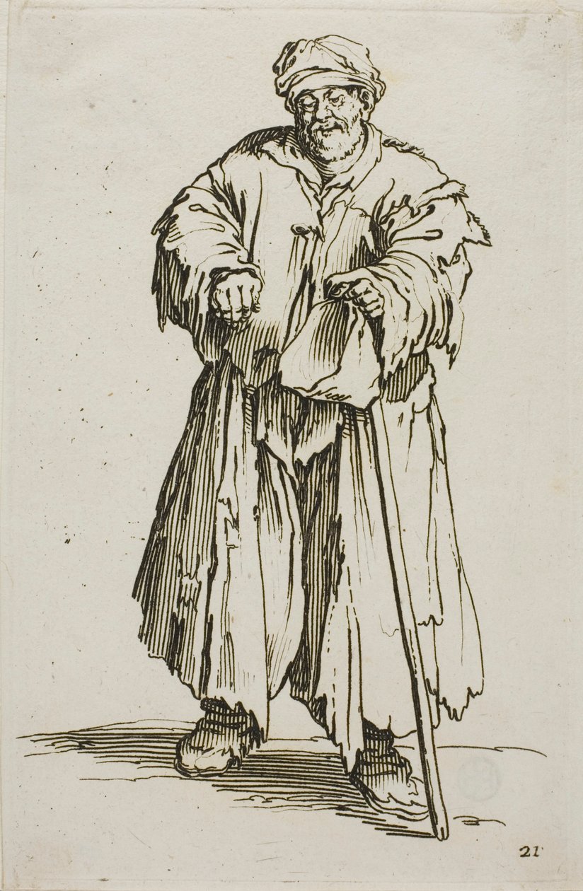 The Obese Beggar with Lowered Eyes, skylt 21 från The Beggars av Jacques Callot