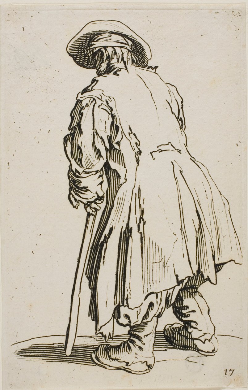 The Old Beggar Leaning on his Crutch, tallrik sjutton från The Beggars av Jacques Callot