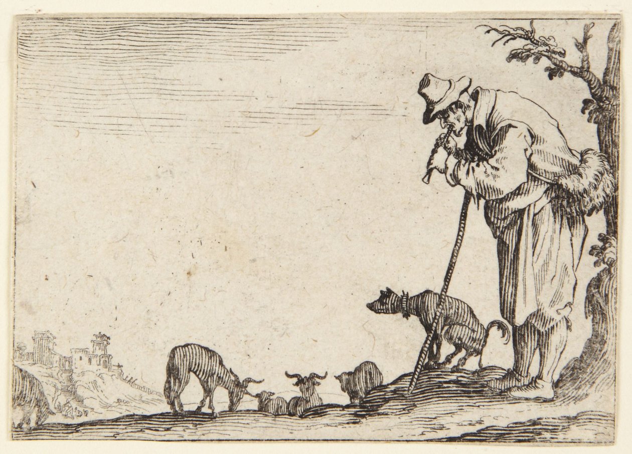 Herde som spelar flöjt av Jacques Callot