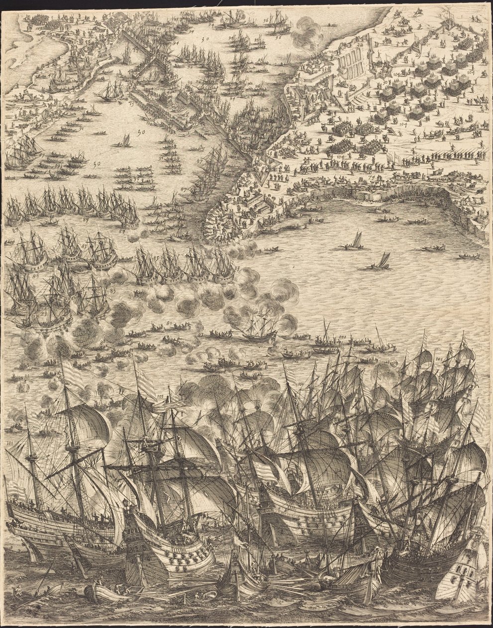 Belägringen av La Rochelle [skylt 11 av 16; uppsättningen omfattar 1952.8.97-112] av Jacques Callot