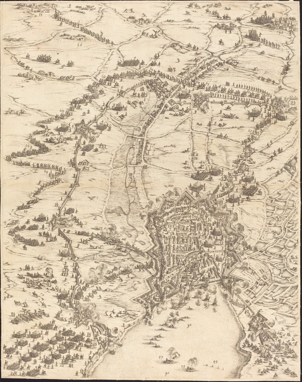 Belägringen av La Rochelle [skylt 6 av 16; uppsättningen omfattar 1952.8.97-112] av Jacques Callot