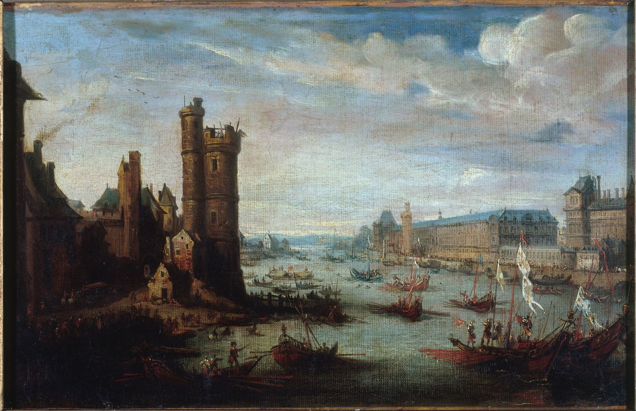 Tour de Nesle, Grande Galerie och Louvren, sedda från Pont-Neuf, ca 1630, mellan 1625 och 1635 (olja på duk) av Jacques Callot