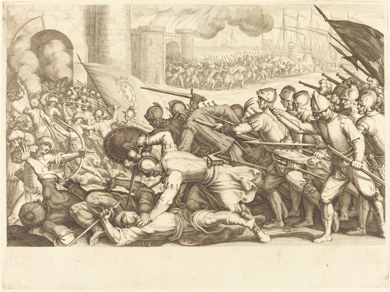 Trupperna som tvingar fram porten till en stad, ca. 1614. av Jacques Callot