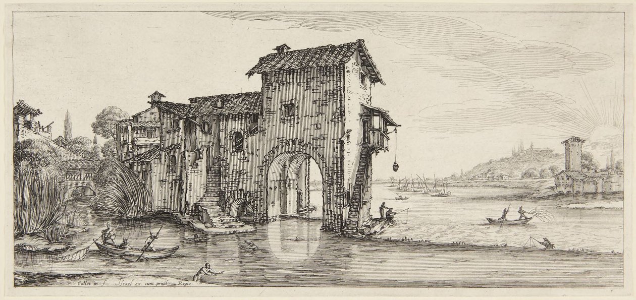 Vattenkvarnen, ur serien Paysages Gravées pour Jean de Médicis, Paysages Dessinés à Florence av Jacques Callot