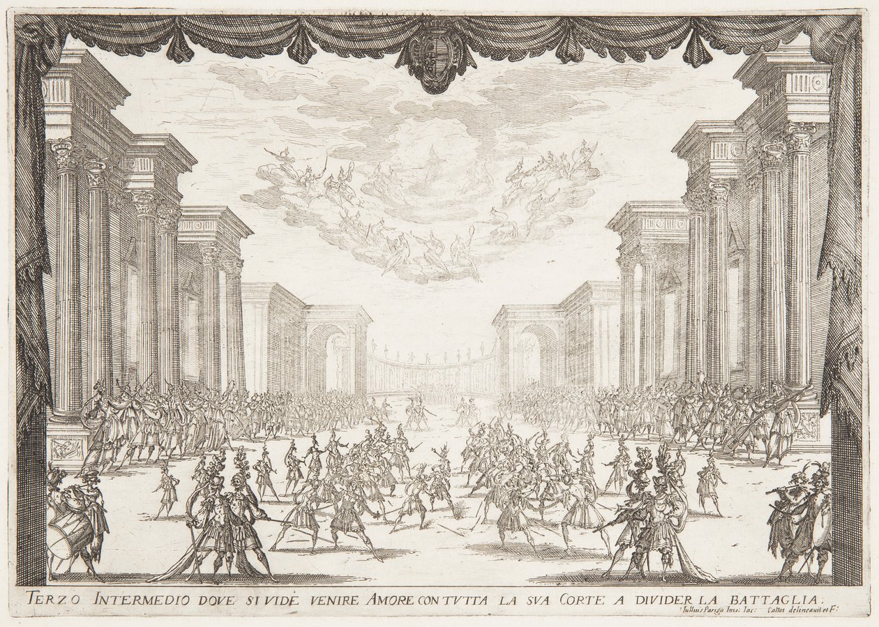 Tredje intermezzot, Slaget stoppas av kärlekens ankomst med hennes Cortege av Jacques Callot