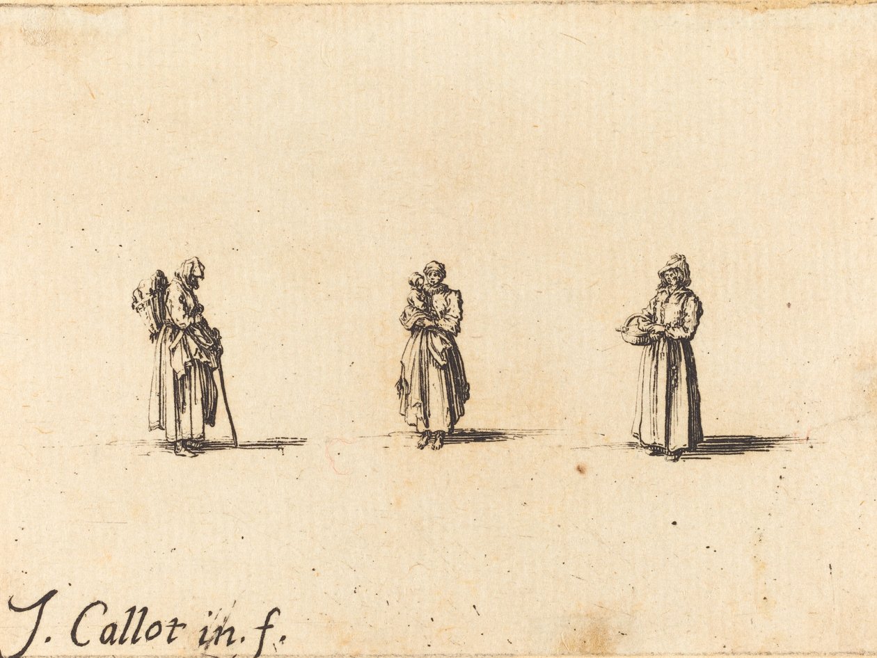 Tre kvinnor, en håller ett barn, troligen 1634. av Jacques Callot