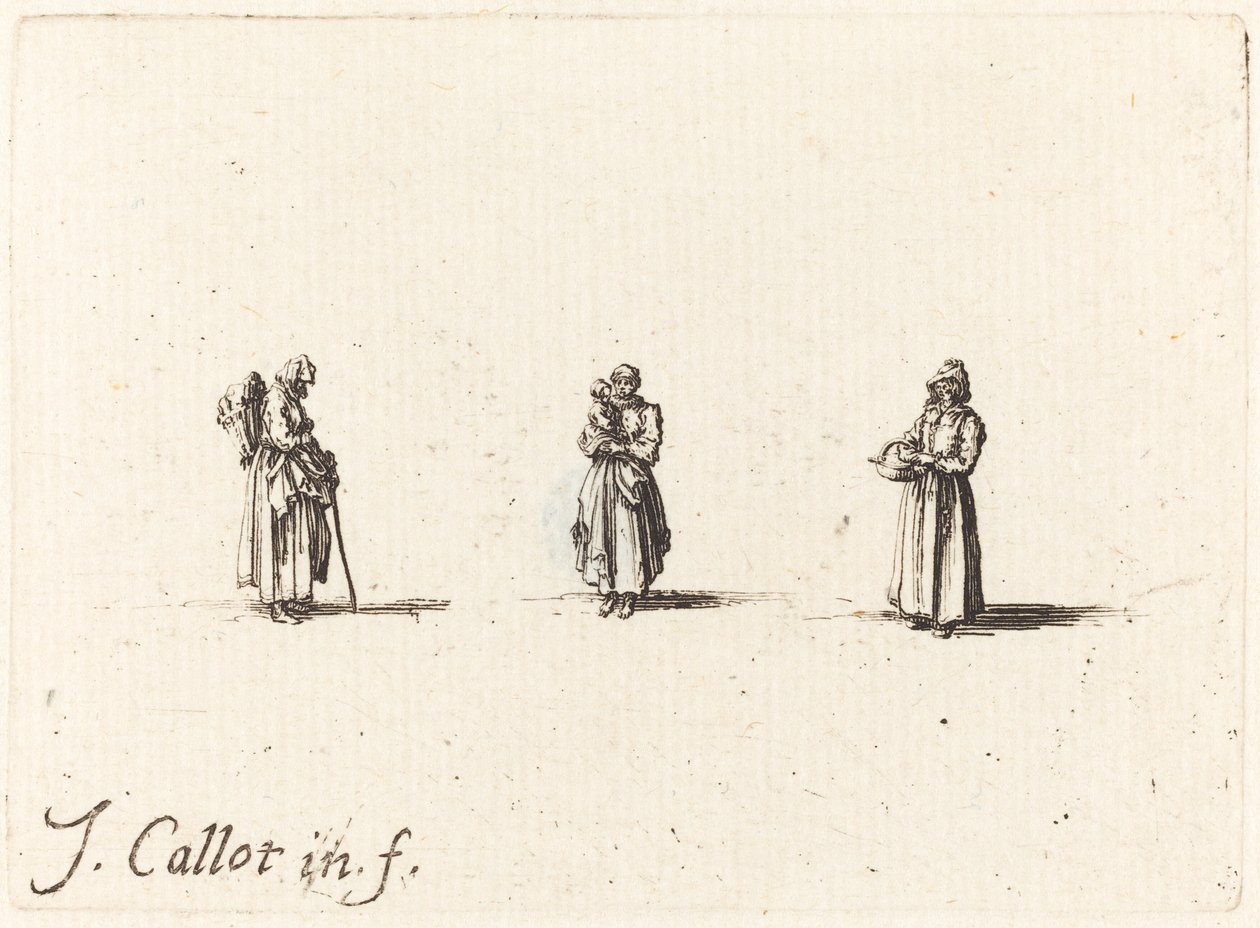 Tre kvinnor, en håller ett barn, troligen 1634. av Jacques Callot