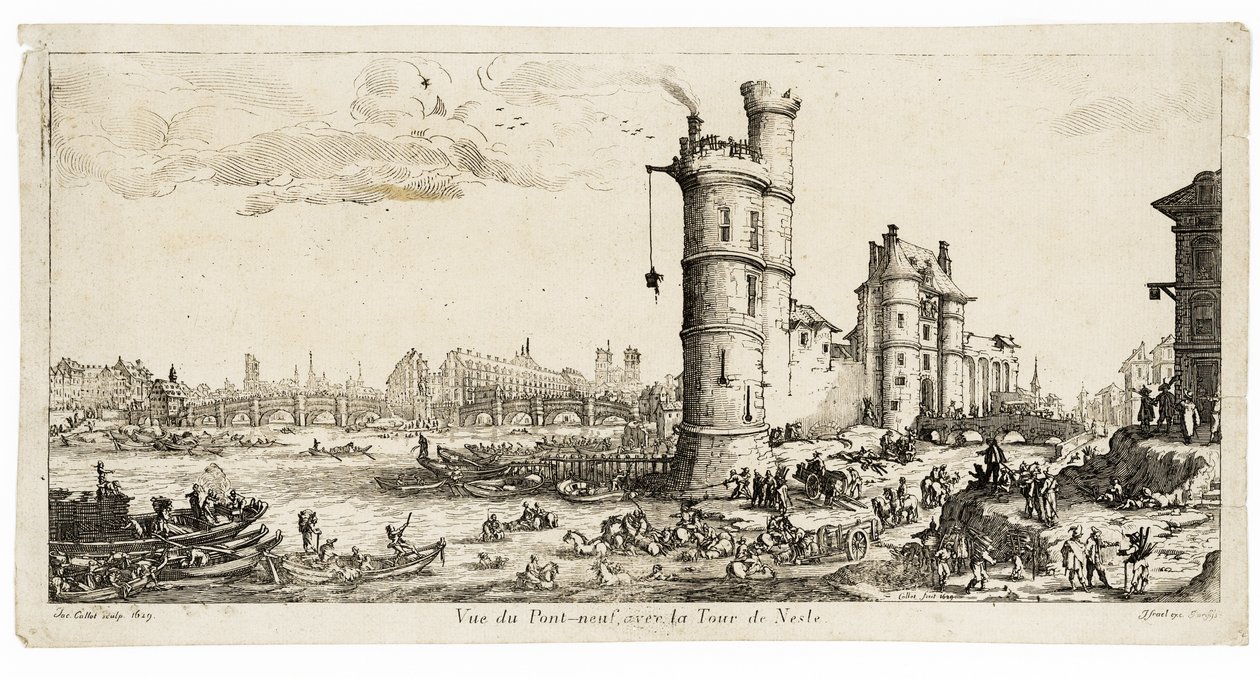Vy över Pont Neuf och Tour de Nesle (gravyr) av Jacques Callot