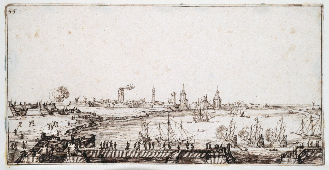 Utsikt över hamnen i La Rochelle med galjoner som avfyrar en salut (penna och brunt bläck på papper) av Jacques Callot
