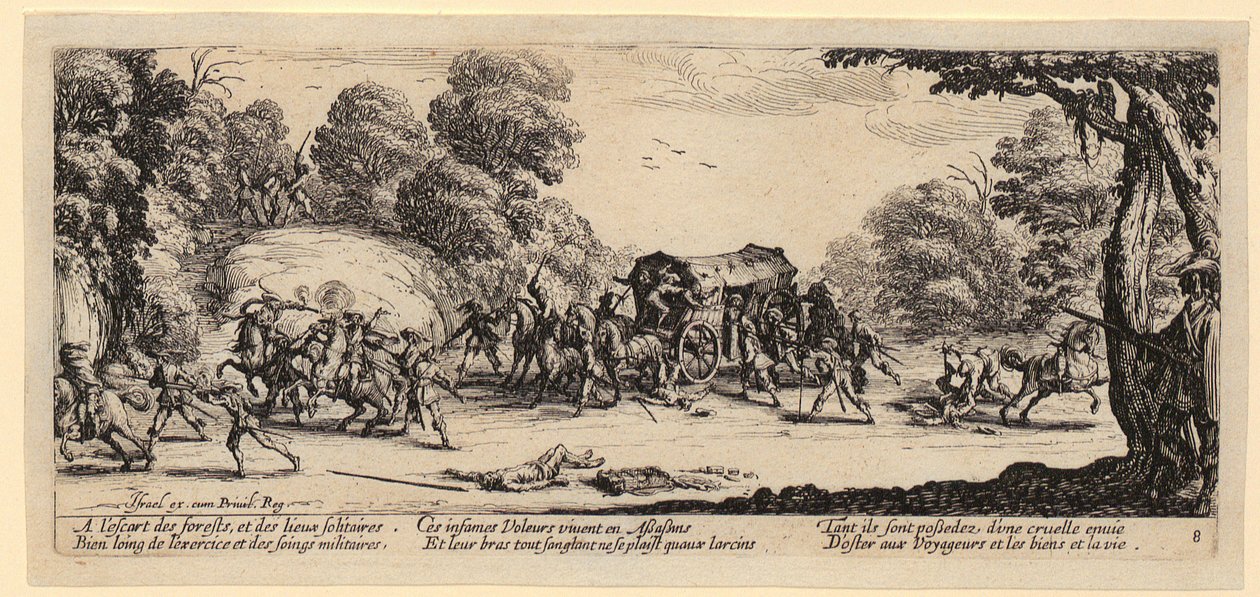 Angrepp på en postdiligens, blad 8 i serien ”Krigets gråzoner” av Jacques Callot