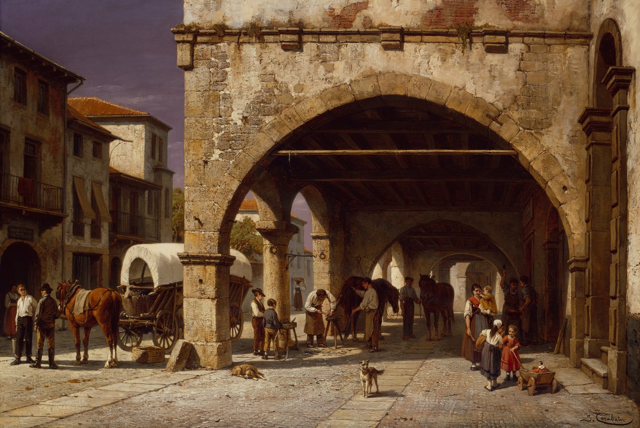 En stadsscen med en hovslagare (olja på duk) av Jacques Carabain